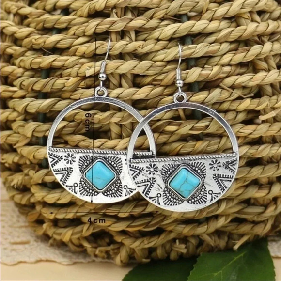 Boho Silver Turquoise Dangle Earrings | Western Southwestern Statement - Picture 2 of 2